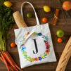 Set of 2 Reusable Monogram Letter J Personalized Canvas Tote Bags for Women, Floral Design (29 Inches)
