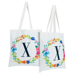 Set of 2 Reusable Monogram Letter X Personalized Canvas Tote Bags for Women, Floral Design (29 Inches)