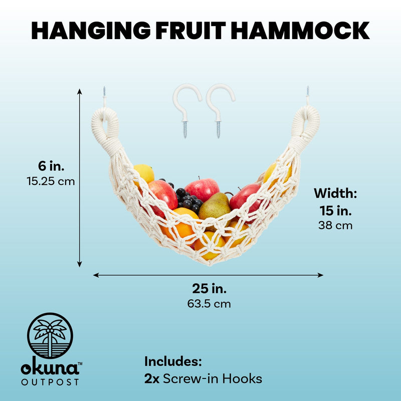 Macrame Fruit Hammock for Kitchen Under Cabinet with 2 Hooks, Hanging Net Basket for Bananas and Produce Storage (6 x 25 x 15 In)
