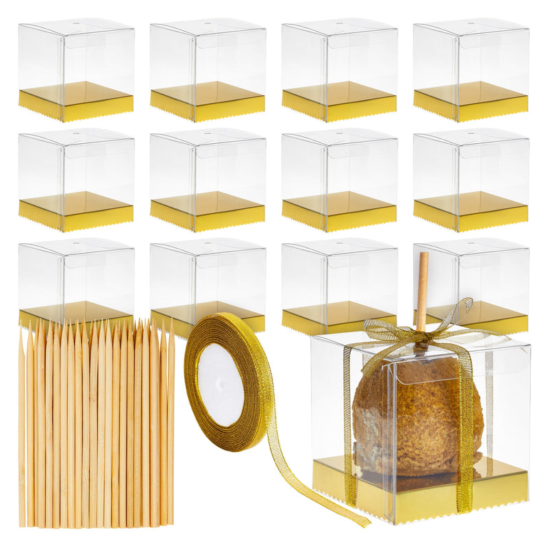 20 Pack Gold Clear Candy Apple Boxes with Base, 4x4x4 with Hole, Sticks, and Ribbon for Birthday Party Supplies, Wedding Favors, Baby Shower
