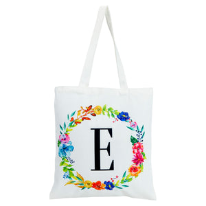 Set of 2 Reusable Monogram Letter E Personalized Canvas Tote Bags for Women, Floral Design (29 Inches)