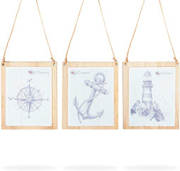 Nautical Wall Decor, Wooden Vintage Designs for Home Decor (5.5 x 4.7 In, 3 Pack)