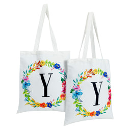 Set of 2 Reusable Monogram Letter Y Personalized Canvas Tote Bags for Women, Floral Design (29 Inches)