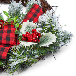 Okuna Outpost Rattan Christmas Wreath for Front Door, Buffalo Plaid Bow (12 Inches)