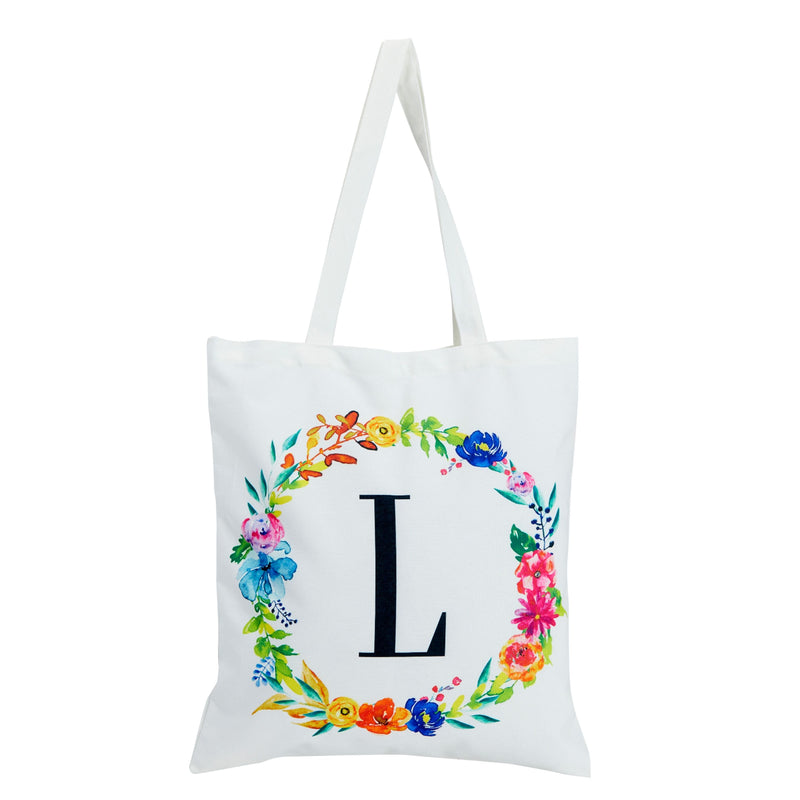 Set of 2 Reusable Monogram Letter L Personalized Canvas Tote Bags for Women, Floral Design (29 Inches)