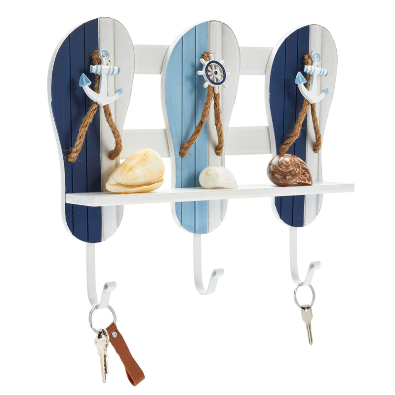 Nautical Hooks with Shelf, Decorative Beach Slippers, Wall Hanging Decor with 3 Hooks (13 x 3 x 11 Inches)