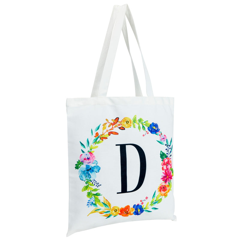 Set of 2 Reusable Monogram Letter D Personalized Canvas Tote Bags for Women, Floral Design (29 Inches)