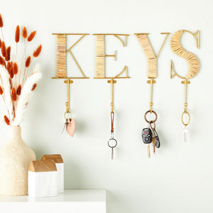 4 Piece Wall Mount Key Holder with 4 Hooks, Rustic Rattan Key Letters for Home Decor (4 x 10 In)
