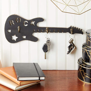 Wooden Wall Mounted Coat Hook Rack, Guitar Rock Wall Decor, 17 x 12 x 1 inches