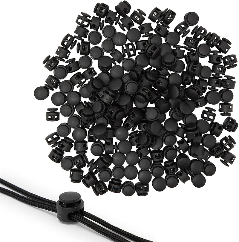 200 Pcs Black Cord Locks for Drawstrings Elastic, Double Hole Plastic Toggle Stoppers, 0.67 x 0.65 in