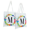 Set of 2 Reusable Monogram Letter M Personalized Canvas Tote Bags for Women, Floral Design (29 Inches)