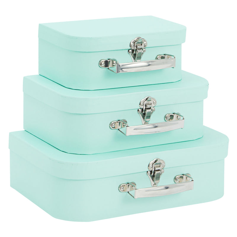 Set of 3 Different Sizes of Paperboard Suitcases with Metal Handles, Decorative Cardboard Storage Boxes (Mint Green)