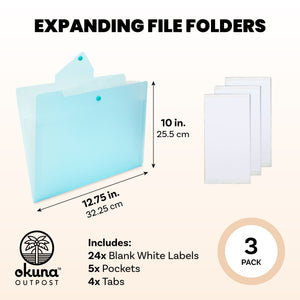 3 Pack Expanding File Folder, Pocket Document Organizer with Snap Closure and Labels (Letter Size, Blue)