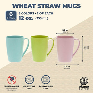 6-Pack 12oz Unbreakable Plastic Coffee Mug with Handles Set - Lightweight Wheat Straw Cups for Tea, Warm Beverages (3 Colors, 4x3x4 in)