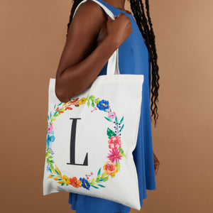 Set of 2 Reusable Monogram Letter L Personalized Canvas Tote Bags for Women, Floral Design (29 Inches)