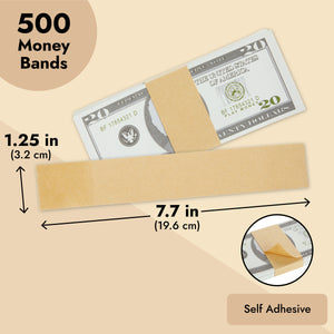 500 Pack Kraft Paper Money Bands for Cash, Blank Self-Adhesive Currency Straps, Bill Wrappers (7.7x1.25 In)