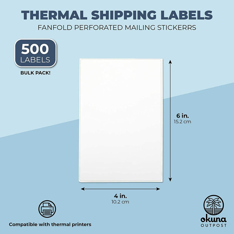 500 Pcs Fanfold Thermal Shipping Labels for Printer, Perforated Mailing Stickers, 4x6 in