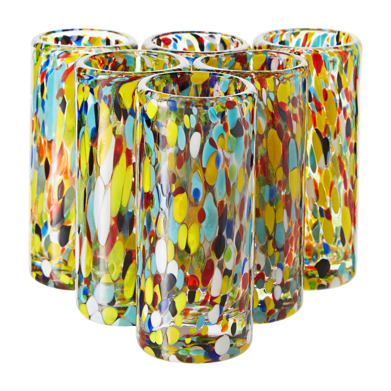 2 oz Hand Blown Mexican Double Shot Glasses with Confetti Design, Tequila Sipping Set (Set of 6)
