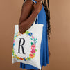 Set of 2 Reusable Monogram Letter R Personalized Canvas Tote Bags for Women, Floral Design (29 Inches)