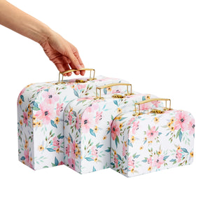 Set of 3 Different Sizes of Paperboard Suitcases with Metal Handles, Floral Print Decorative Cardboard Storage Boxes (Floral Print)