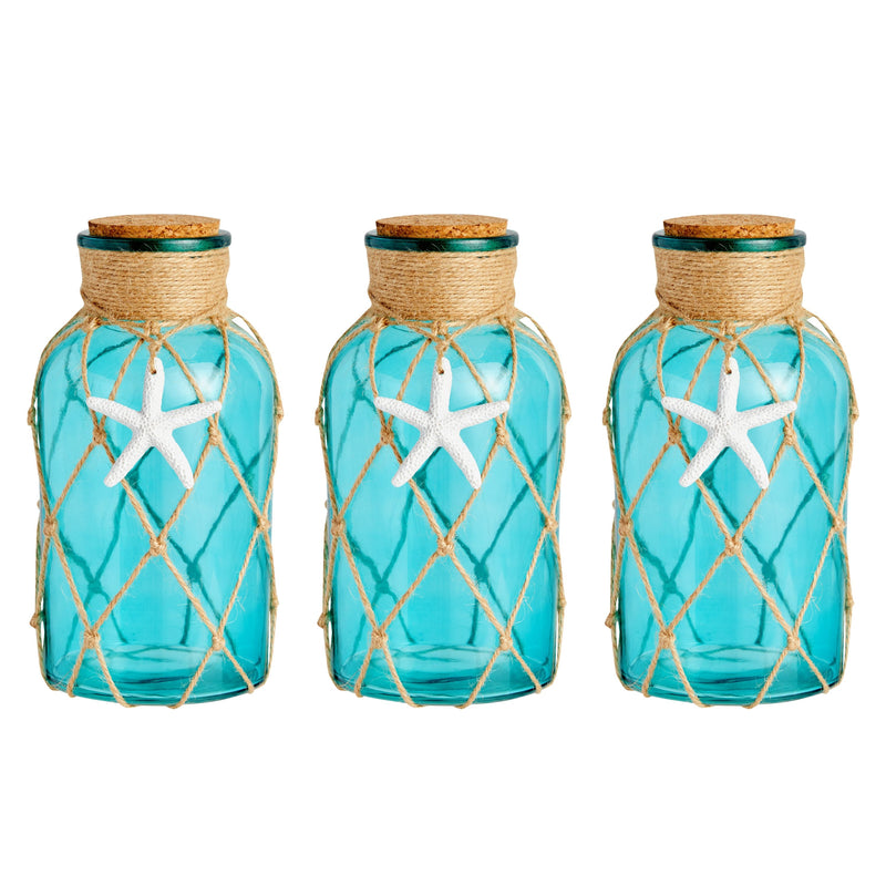 3 Pack Blue Glass Vase with Cork Lid, Rope and Starfish Accent, Beach Home Decor (4 x 8 In)