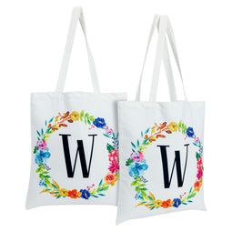 Set of 2 Reusable Monogram Letter W Personalized Canvas Tote Bags for Women, Floral Design (29 Inches)