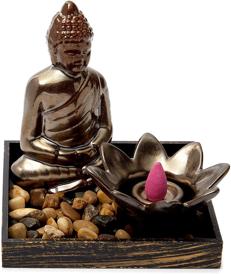 Buddha Statue Incense Burner Holder with River Rocks for Religious, 5.5 x 5.5 in.