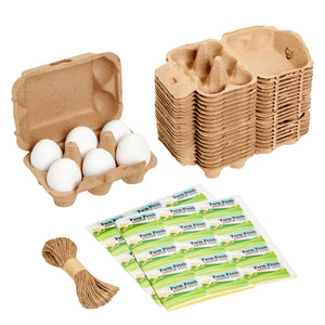 20-Pack Reusable Paper Egg Cartons for 6 Chicken Eggs with 50 Self-Adhesive Labels and 49-Feet Jute String, Retail Cartons for Half-Dozen Eggs (Brown)