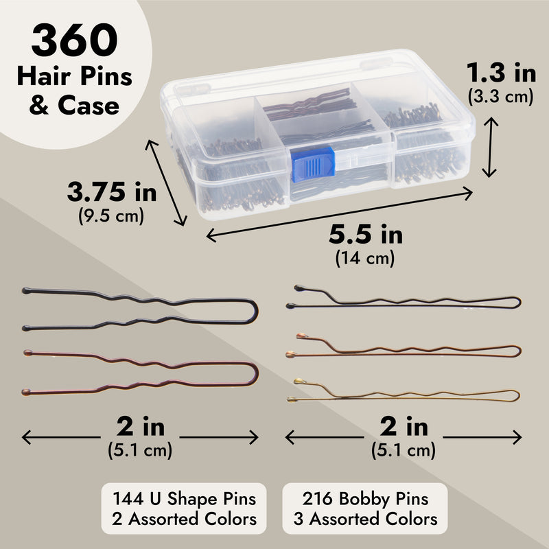 360 Pack 2 Inch Hair Pins with Clear Holder, Bulk Set of Bobby Pins in 2 Styles and 4 Colors