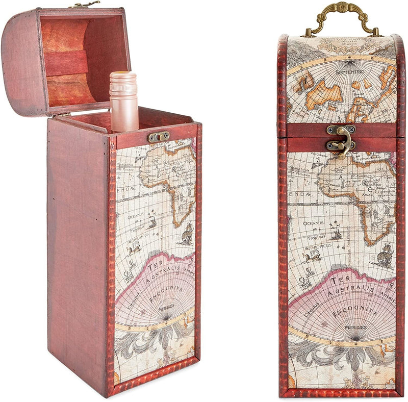 Single Wooden Wine Box Bottle Holder World Map Treasure Chest Gift Box