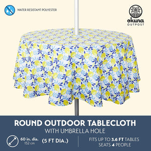 Round Outdoor Tablecloth with Umbrella Hole for Patio Table, Lemons Design (5 Ft)