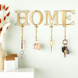 4 Piece Wall Mount Key Holder with 4 Hooks, Rustic Rattan Home Letters for Key Storage (4 x 10 In)
