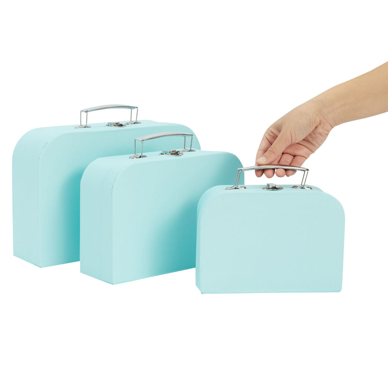 Set of 3 Different Sizes of Paperboard Suitcases with Metal Handles, Decorative Cardboard Storage Boxes (Blue)
