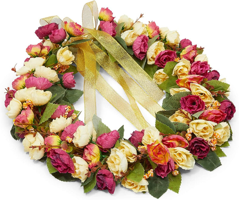 Rose Wreath with Ribbon for Front Door, Valentine Decor (13.3 in, Red, Yellow)