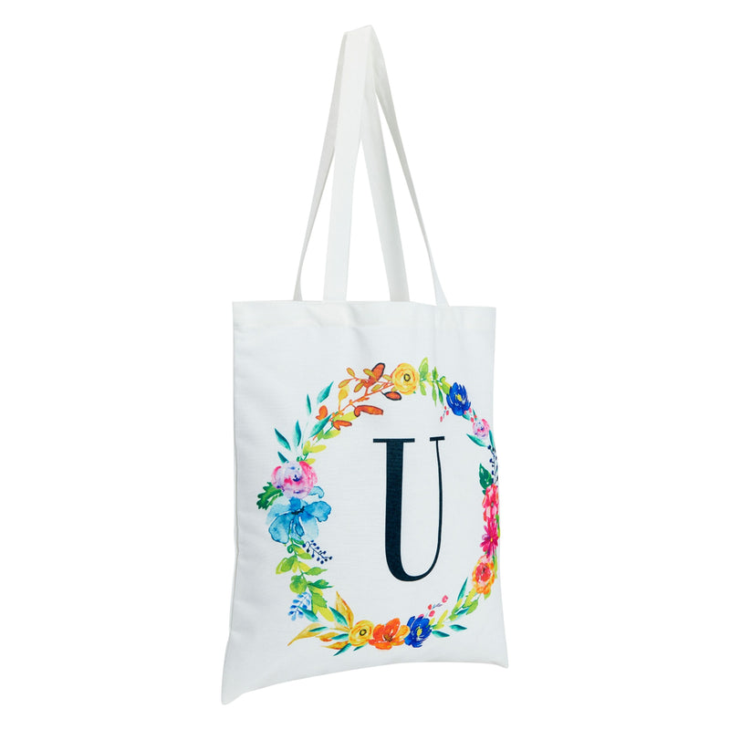 Set of 2 Reusable Monogram Letter U Personalized Canvas Tote Bags for Women, Floral Design (29 Inches)