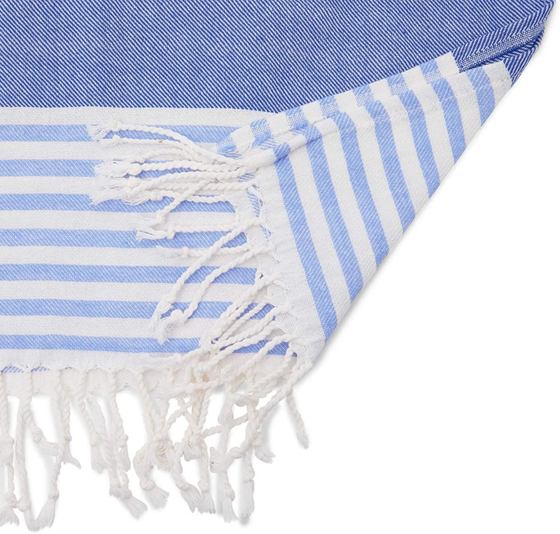 Okuna Outpost Turkish Beach Towel with Fringe, Striped Cotton Pareo (Blue, 35 x 71 Inches)