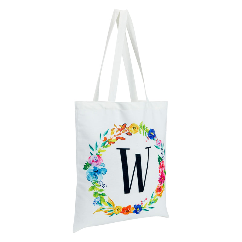 Set of 2 Reusable Monogram Letter W Personalized Canvas Tote Bags for Women, Floral Design (29 Inches)