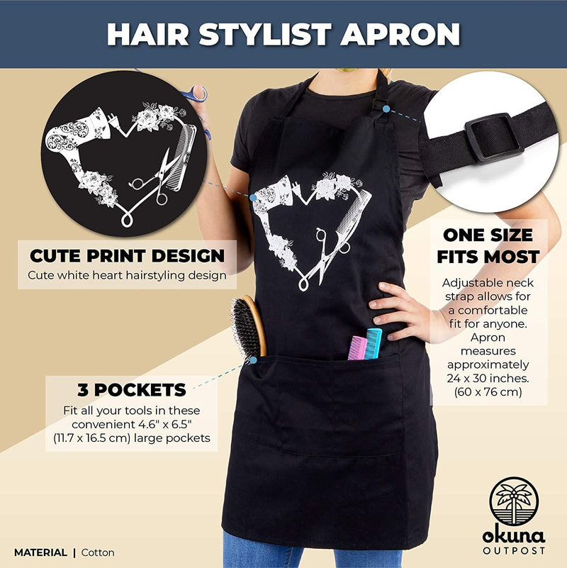Salon Apron for Women Hair Stylist with Adjustable Bib 3 Pockets (Black, 24 x 30 inches)