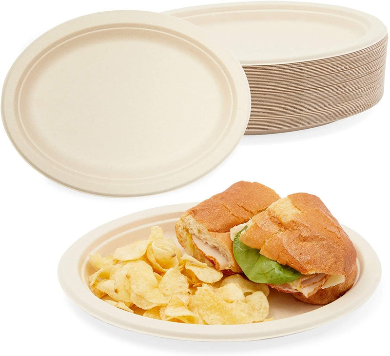 Sugarcane Bagasse Plates, Disposable Dinnerware (10 x 8 Inches, 50 Pack)