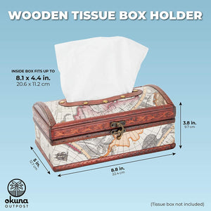 Wooden Facial Tissue Box Cover Holder Rectangle Map Pattern