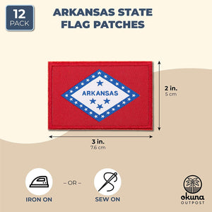 Woven Iron On State Patches, Arkansas Flag Appliques (3 x 2 Inches, 12 Pack)