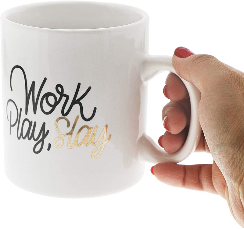 Large Ceramic Coffee Mug, Work Play Slay (16 oz, 3.7 x 4.1 Inch)