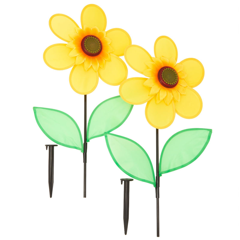 Sunflower Pinwheels for Yard and Garden, Yellow Wind Spinners (12x24 In, 2 pack)