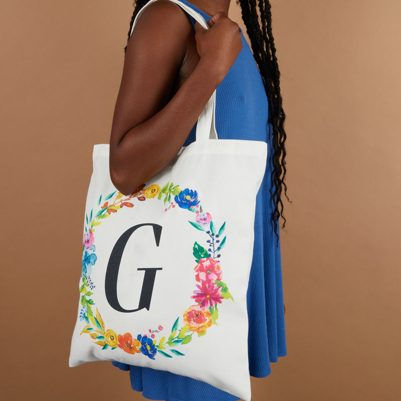 Set of 2 Reusable Monogram Letter G Personalized Canvas Tote Bags for Women, Floral Design (29 Inches)