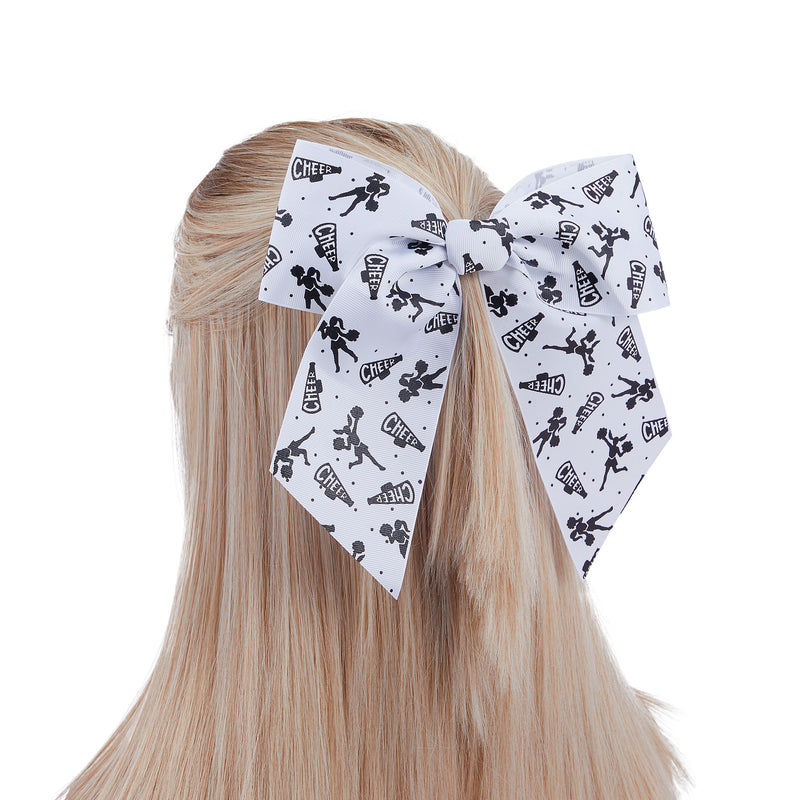 20 Pack 8 Inch Cheer Bows for Cheerleaders, Elastic Ponytail Holders for Women and Girls, Large Bulk Polyester Hair Ribbons for Softball, Volleyball, Gymnastics (2 Designs, White)