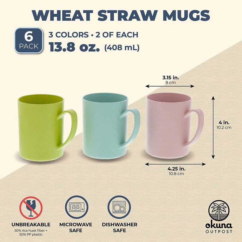 6 Pack Unbreakable Wheat Straw Cups for Coffee, Tea, Milk, Juice, 3 Colors, Light Blue, Green, and Pink, Reusable Mugs, Dishwasher and Microwave-Safe (13.8 Ounces)