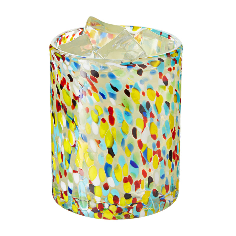 10 oz Hand Blown Mexican Drinking Glasses, Full Confetti Tumbler Cups (Set of 6)