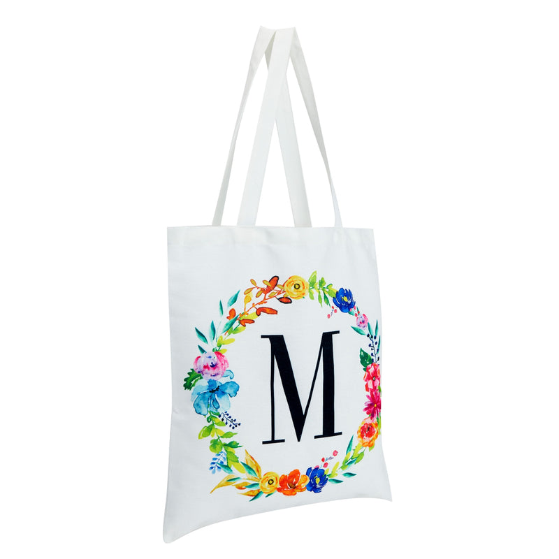Set of 2 Reusable Monogram Letter M Personalized Canvas Tote Bags for Women, Floral Design (29 Inches)