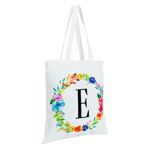 Set of 2 Reusable Monogram Letter E Personalized Canvas Tote Bags for Women, Floral Design (29 Inches)