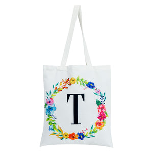 Set of 2 Reusable Monogram Letter T Personalized Canvas Tote Bags for Women, Floral Design (29 Inches)